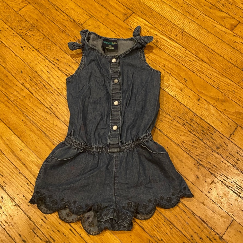 Cute Oshkosh jean one piece shorties.  Look at the sweet details on the shorts.